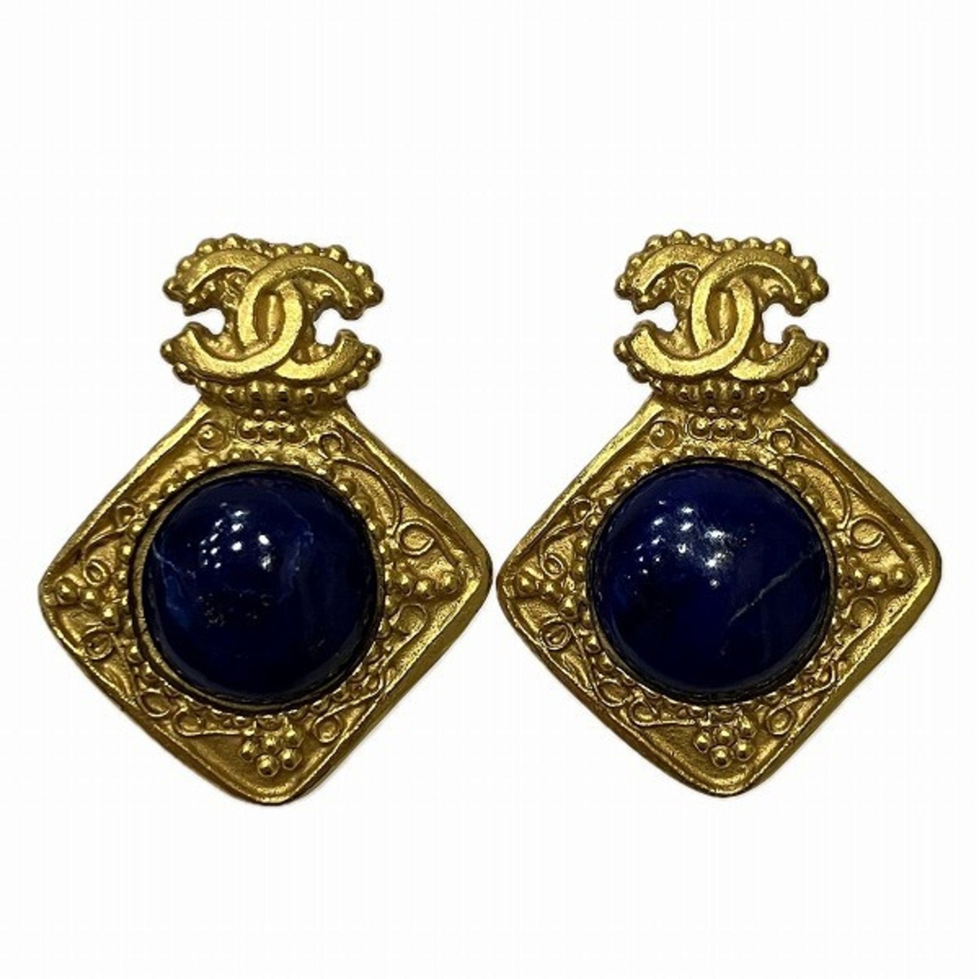 Chanel Coco Mark Blue Gold Plated Earring 