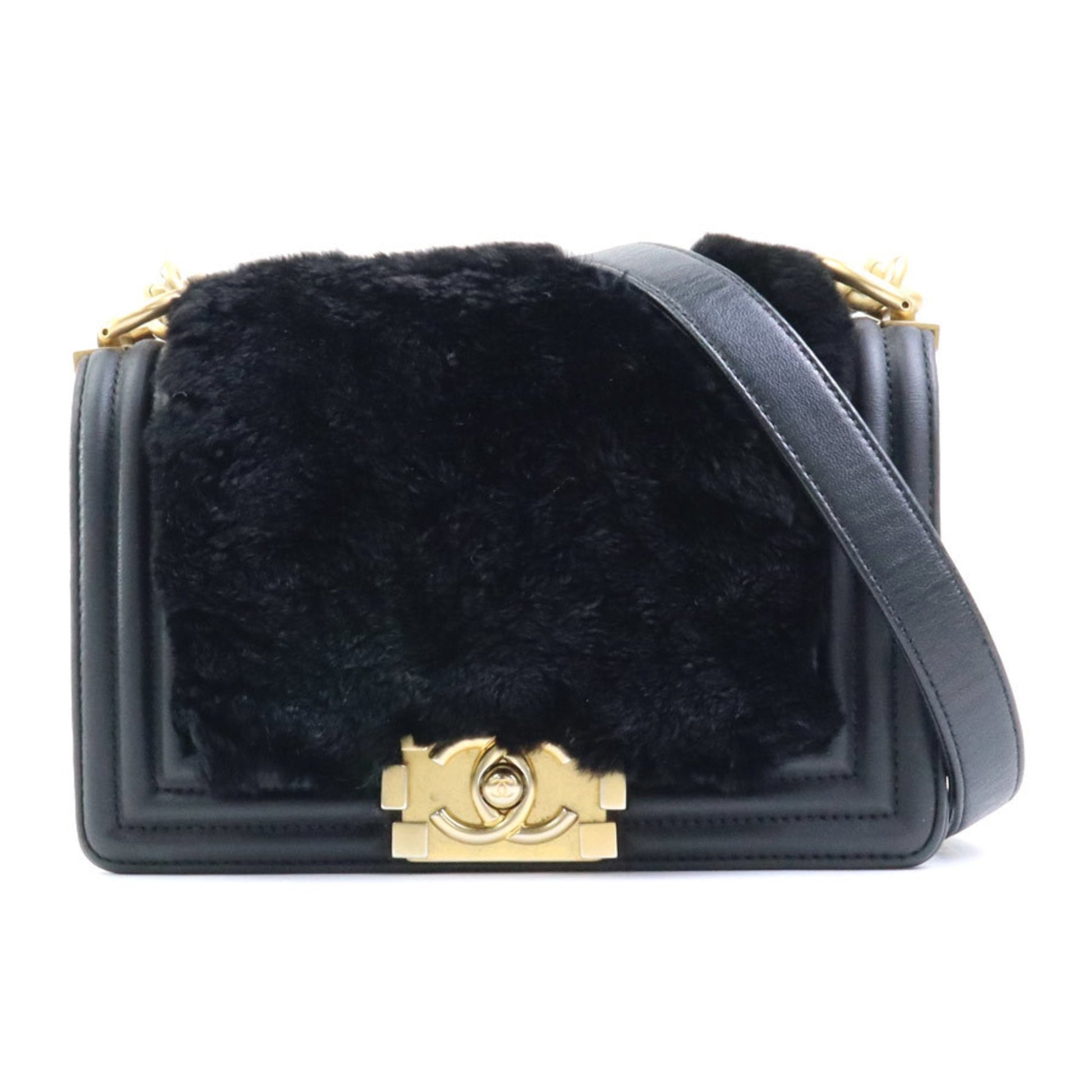 Chanel Boy Black Fur Shoulder Bag