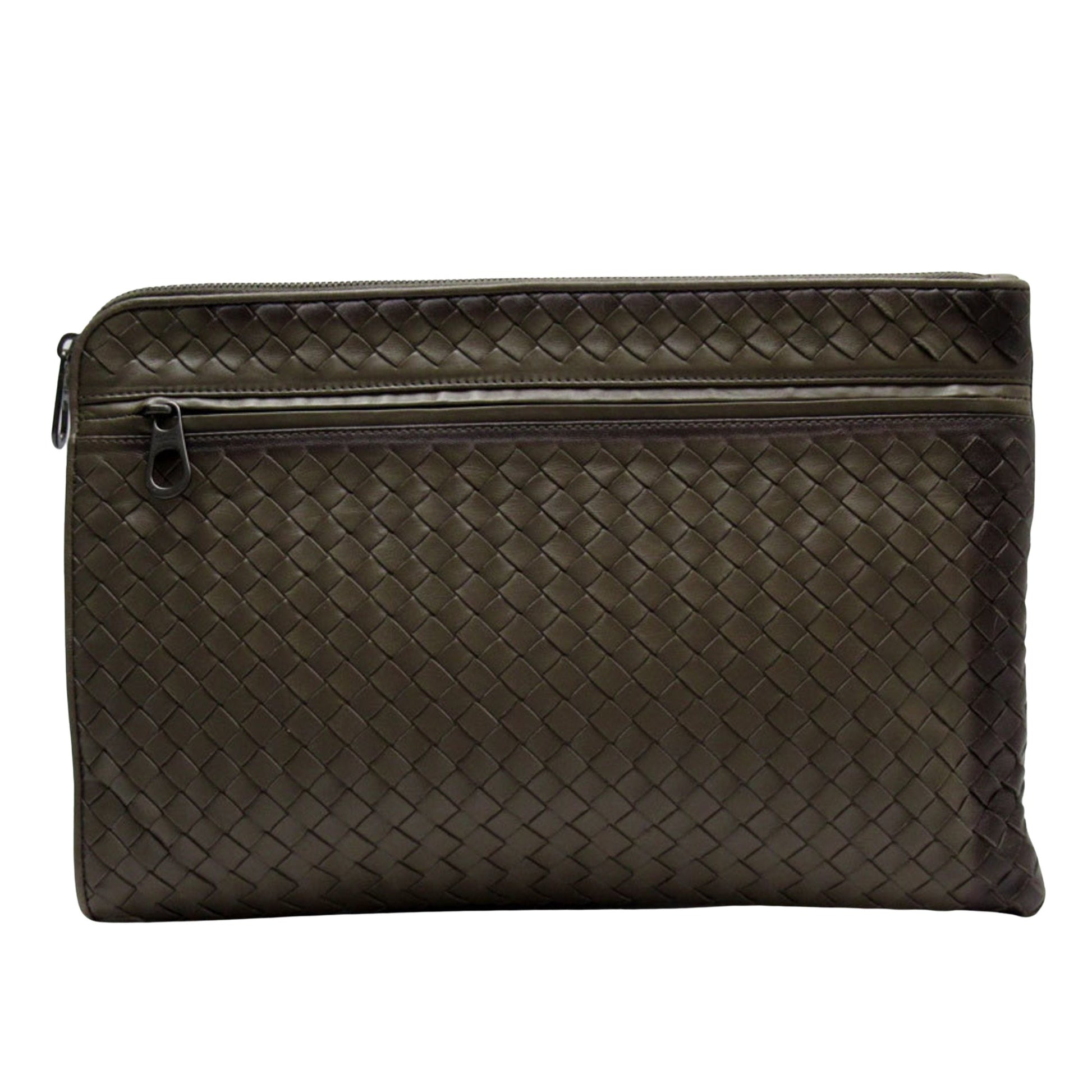 Bottega Veneta Intrecciato Khaki Leather Clutch Bag