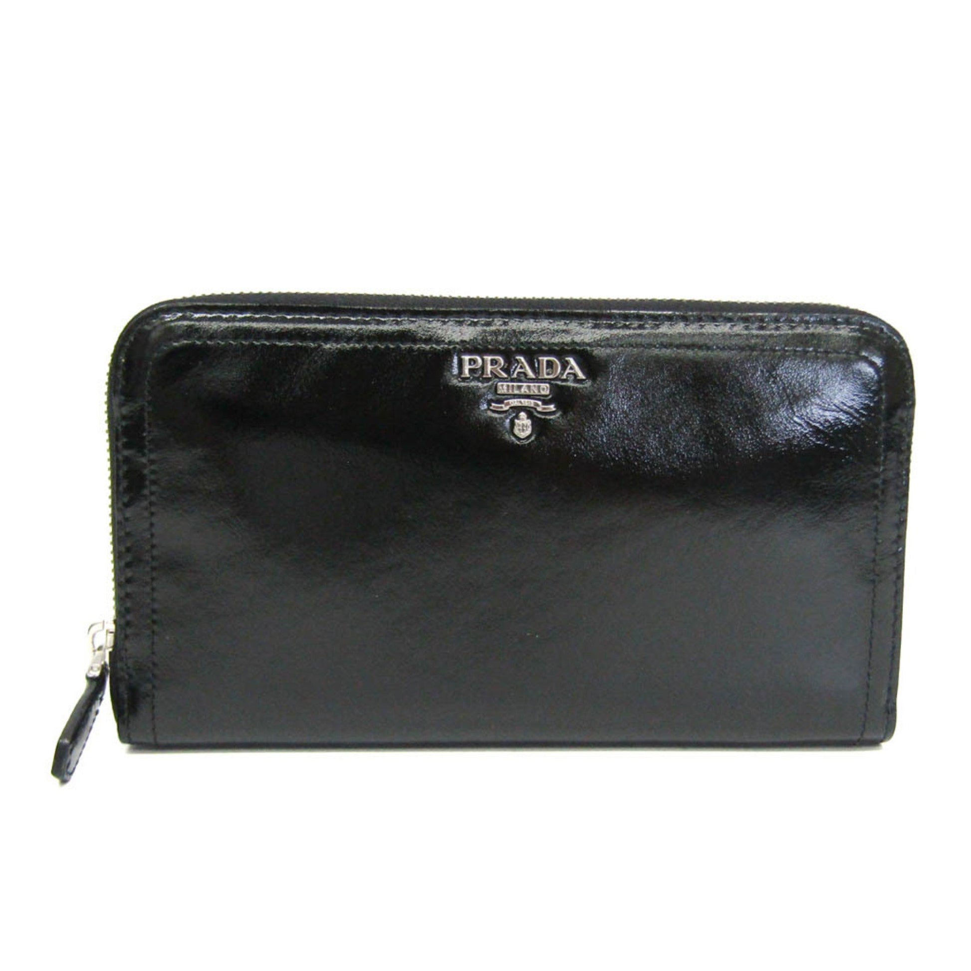 Prada Round Zipper Black Patent Leather Wallet 