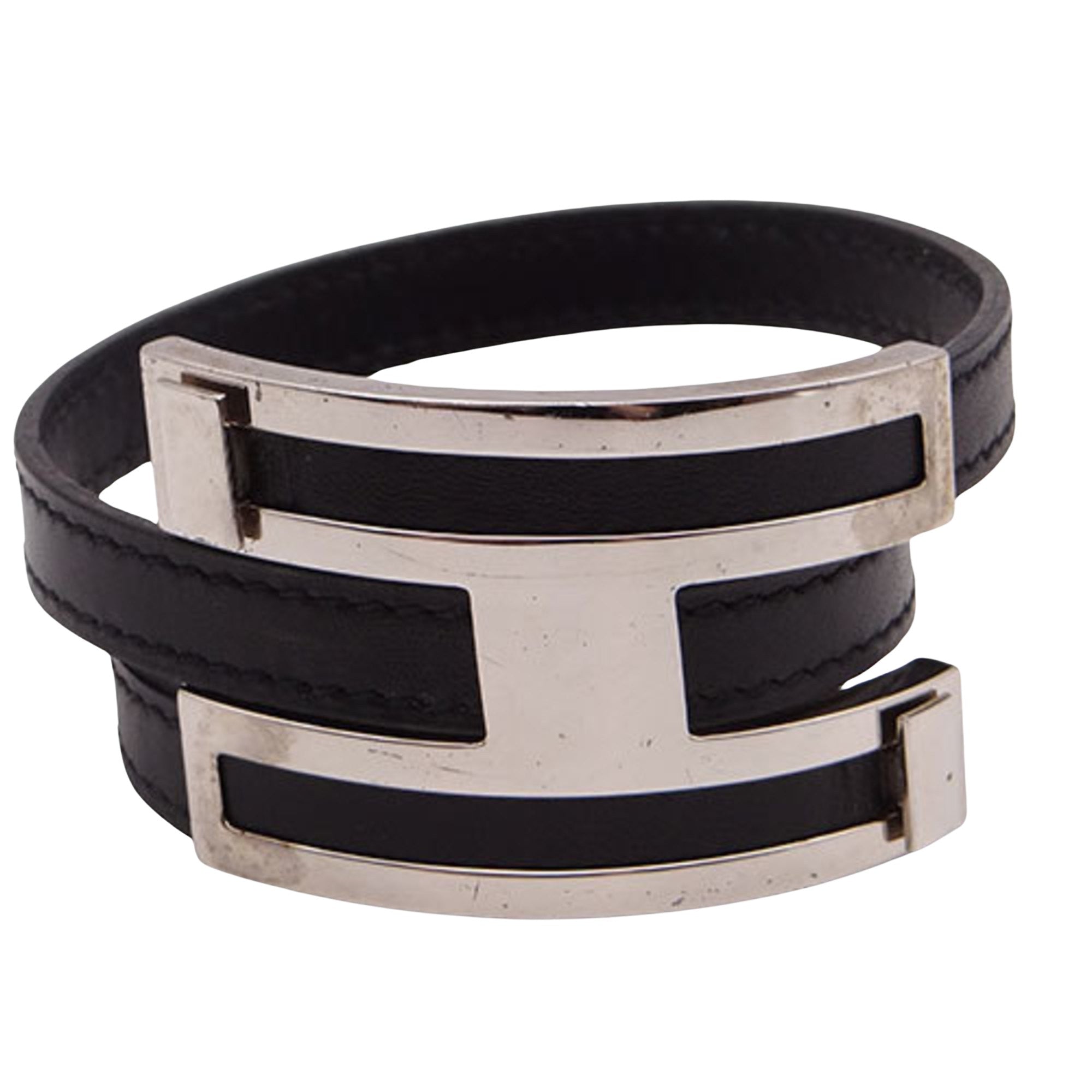 Hermès H Black Leather Bracelet 