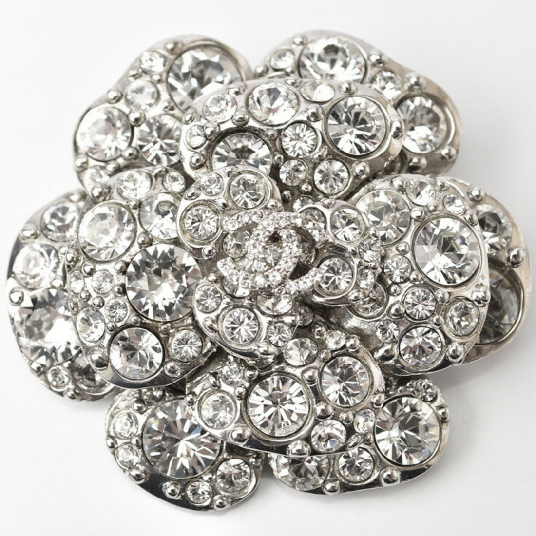 Chanel Camellia Silver Metal Brooch 