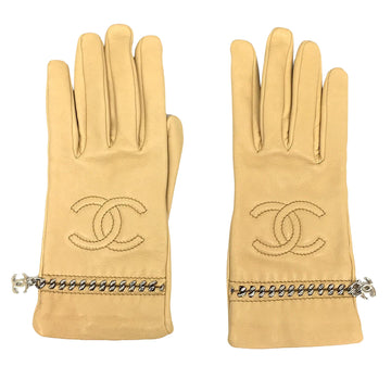 Chanel Coco Mark Beige Leather Gloves 