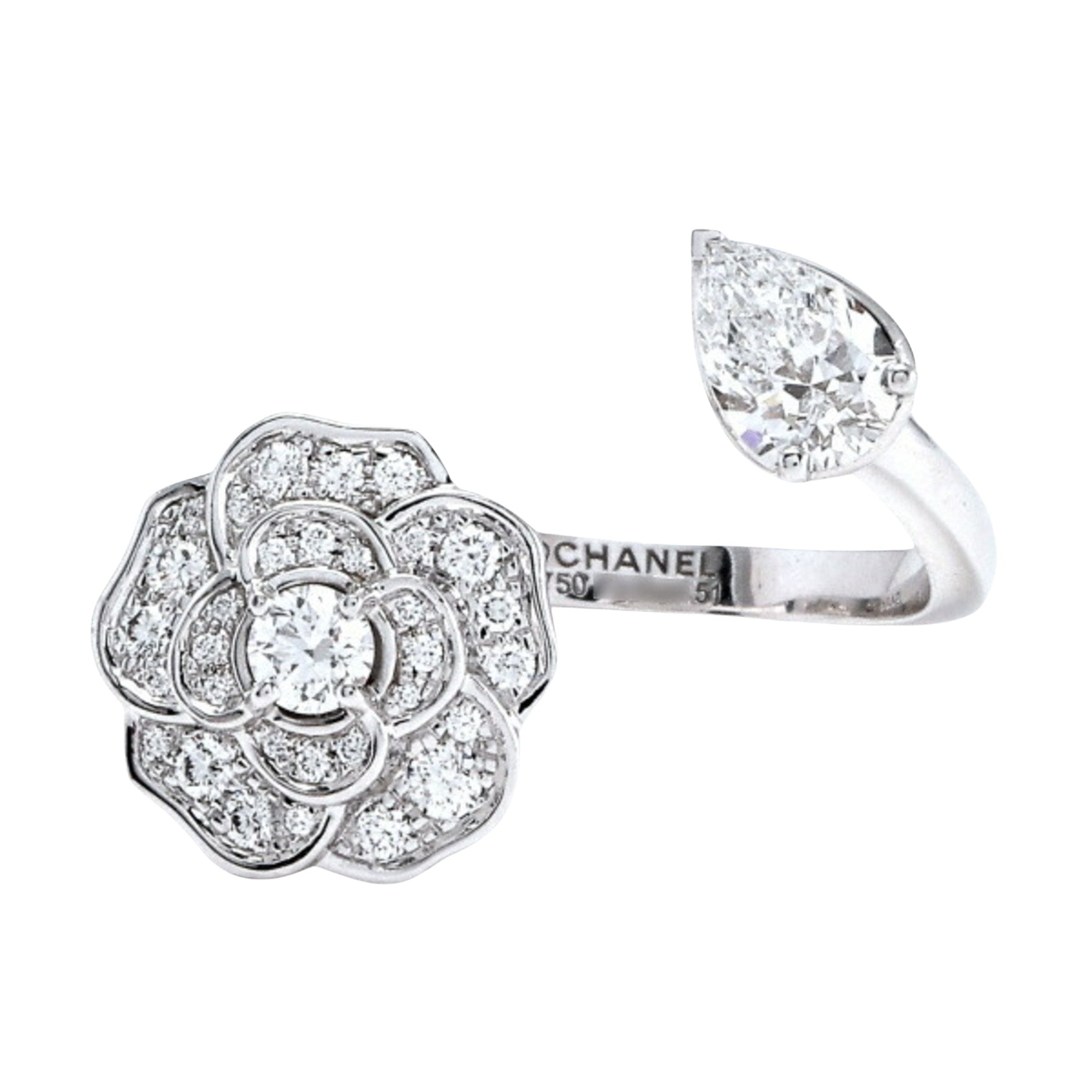 Chanel Camellia Silver White Gold Ring 