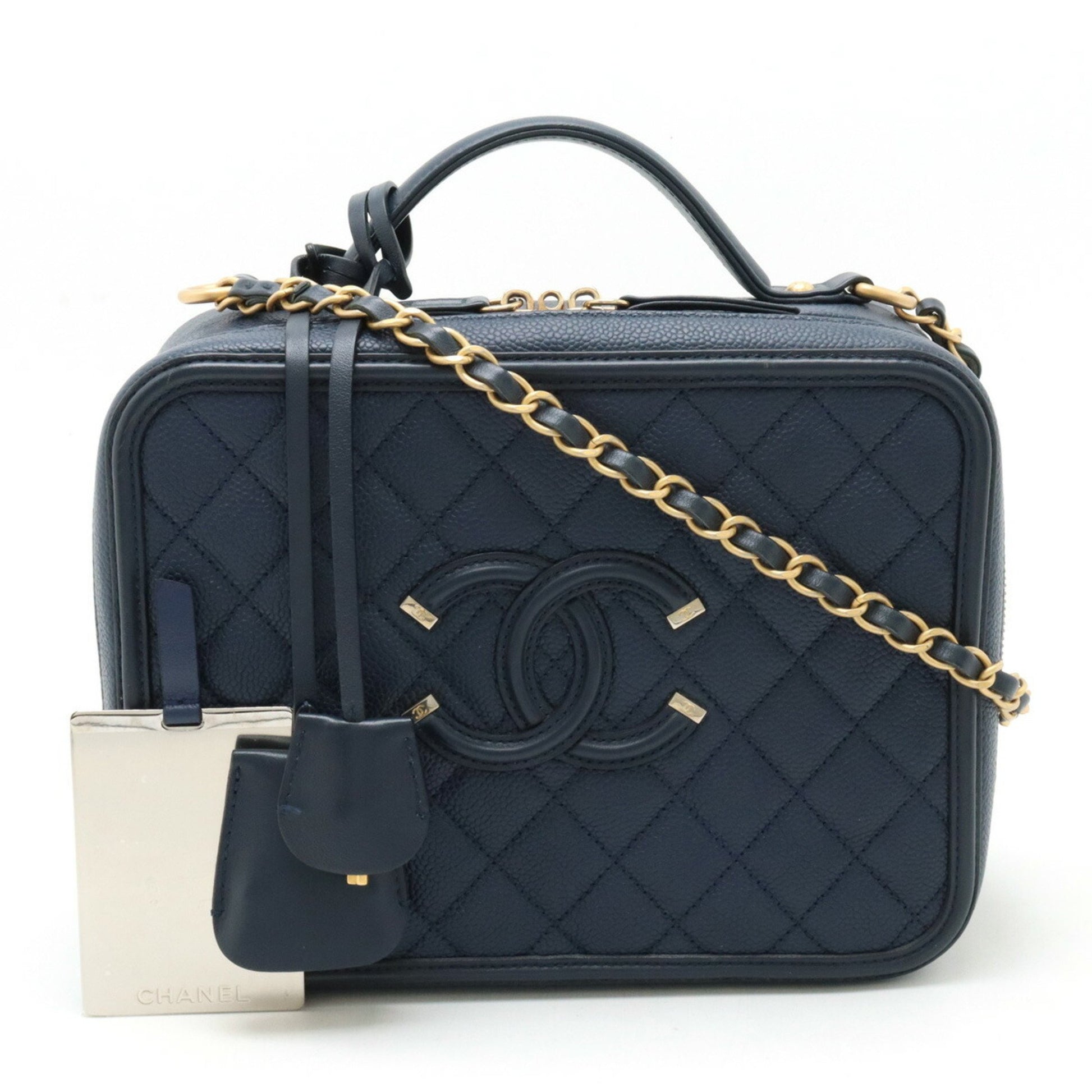 Chanel CC Filigree Navy Leather Handbag 