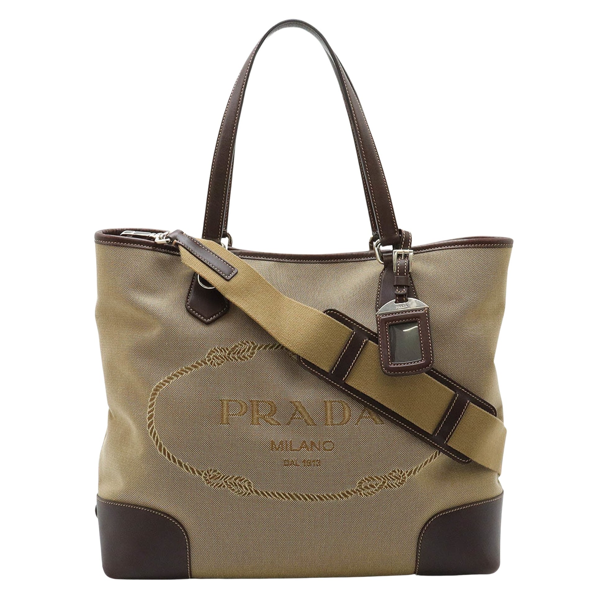 Prada Logo Jacquard Brown Canvas Shoulder Bag