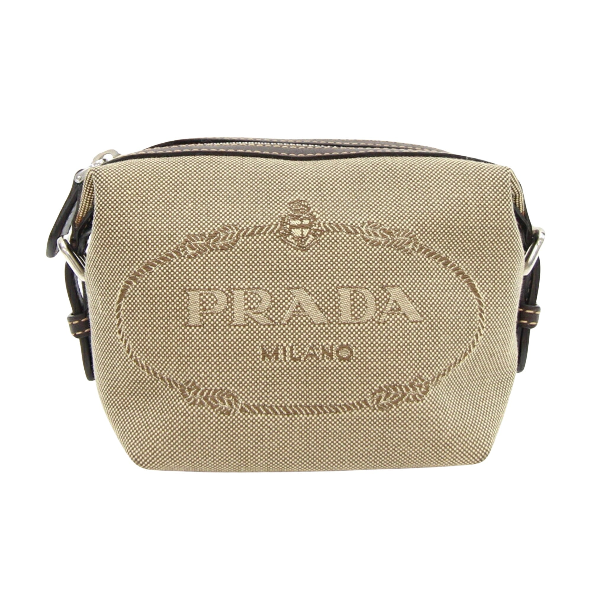 Prada Logo Jacquard Beige Canvas Clutch Bag