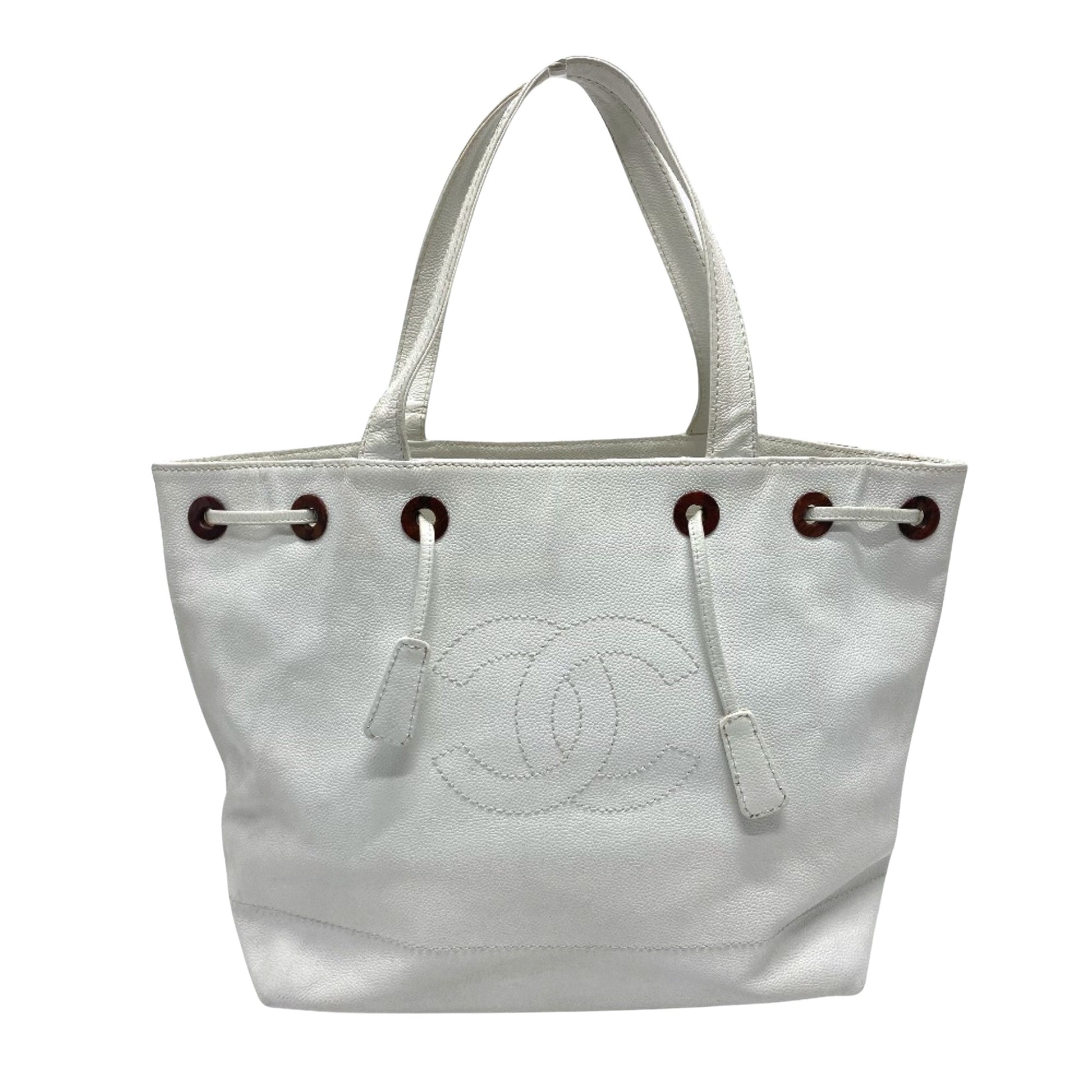 Chanel Logo CC White Leather Tote Bag