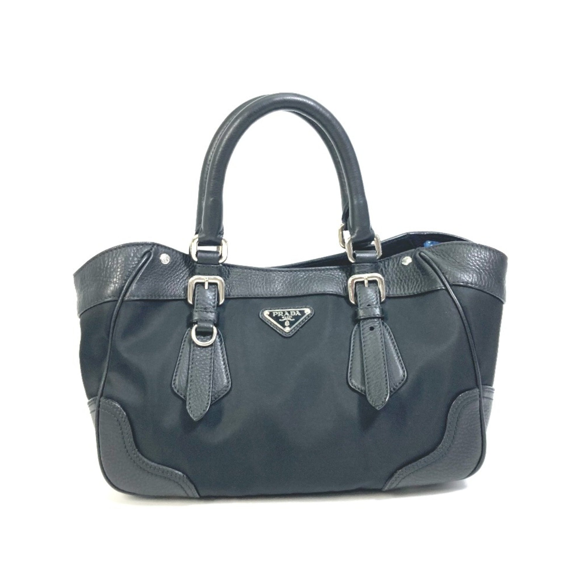 Prada Triangle Logo Black Leather Tote Bag