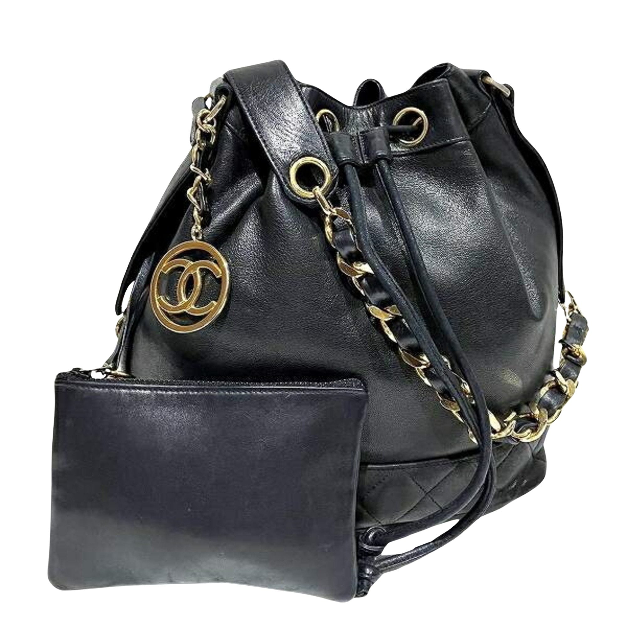 Chanel Drawstring Black Leather Shoulder Bag