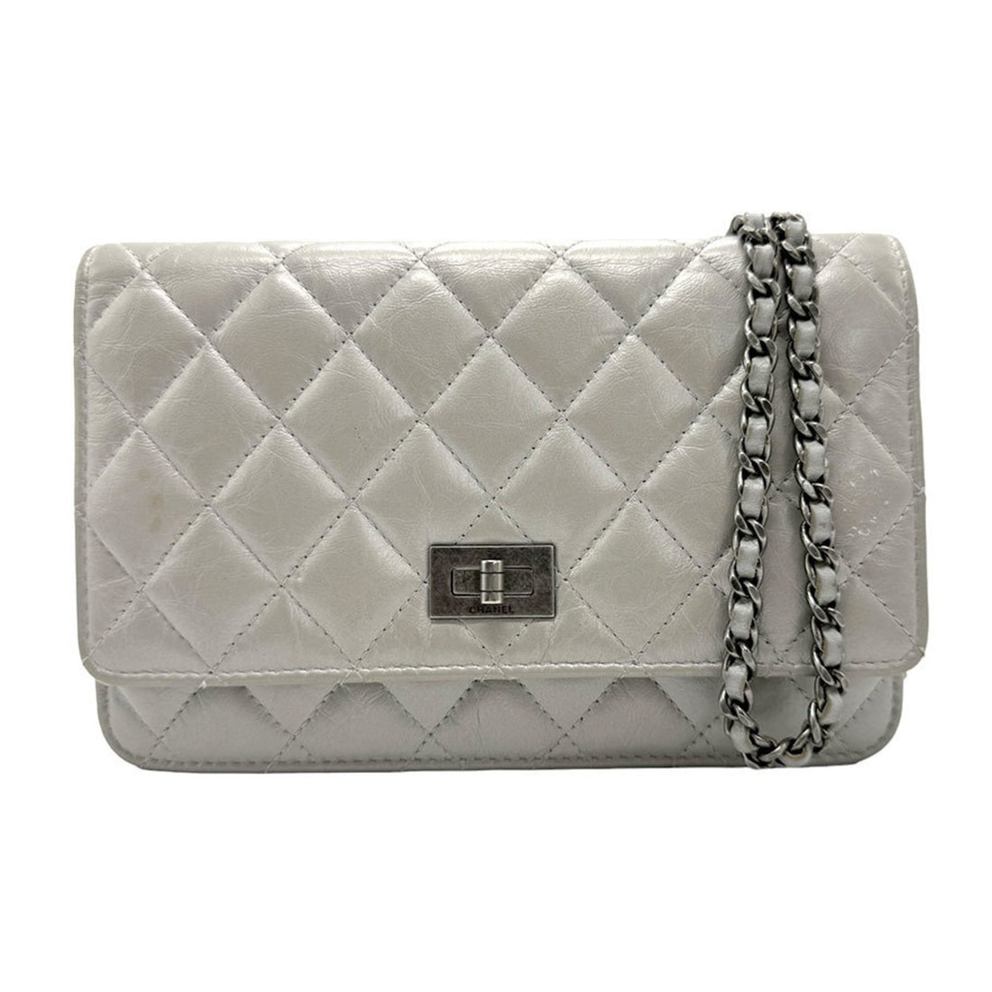 Chanel 2,55 Silver Leather Clutch Bag