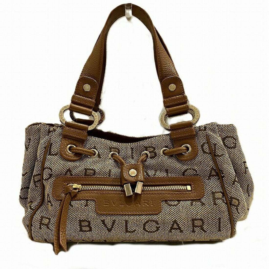 Bulgari Logo Beige Canvas Handbag 