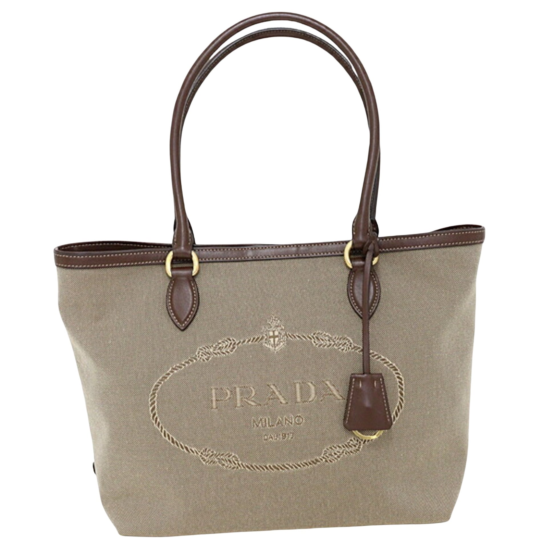 Prada Logo Jacquard Brown Canvas Tote Bag