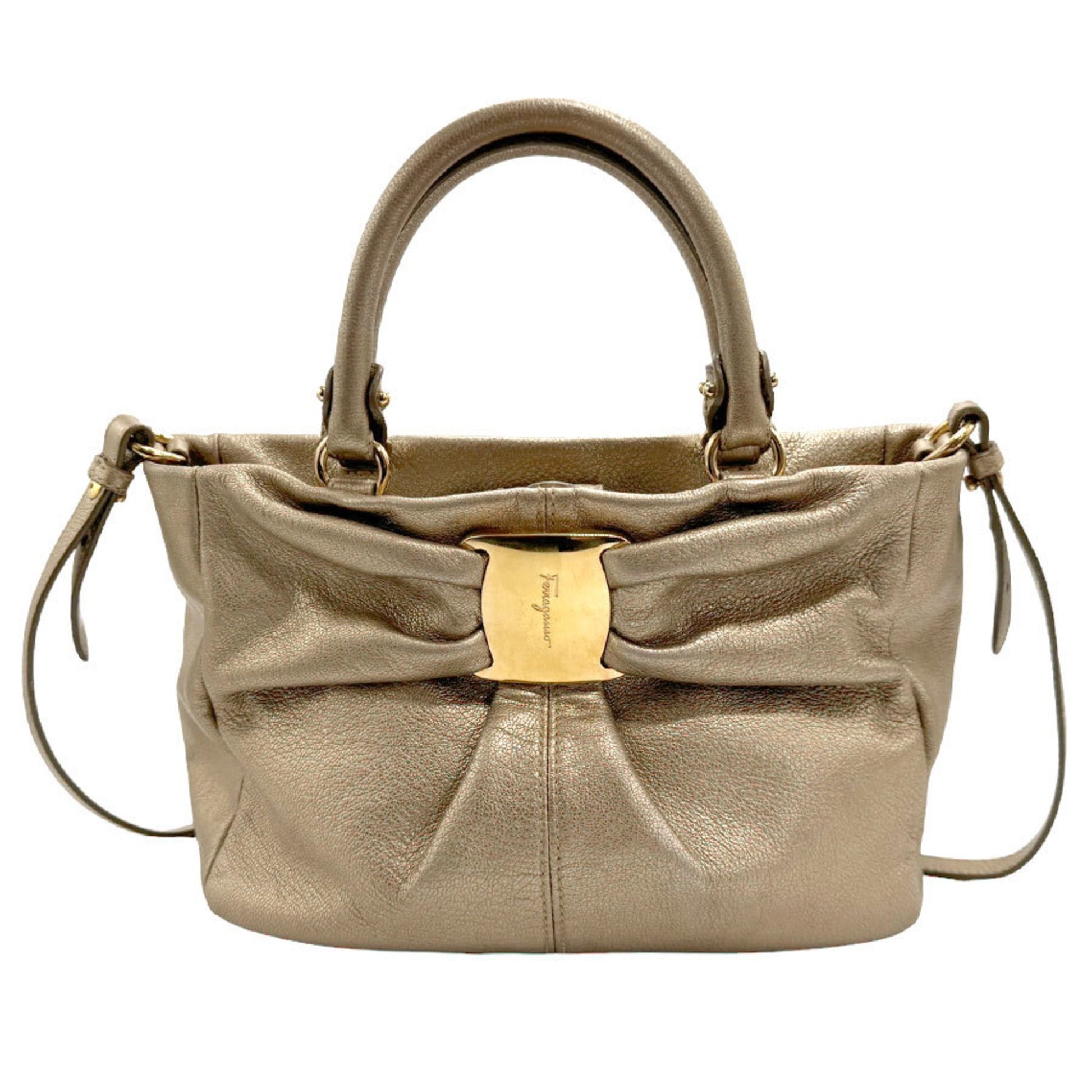 Salvatore Ferragamo Vara Gold Leather Handbag 