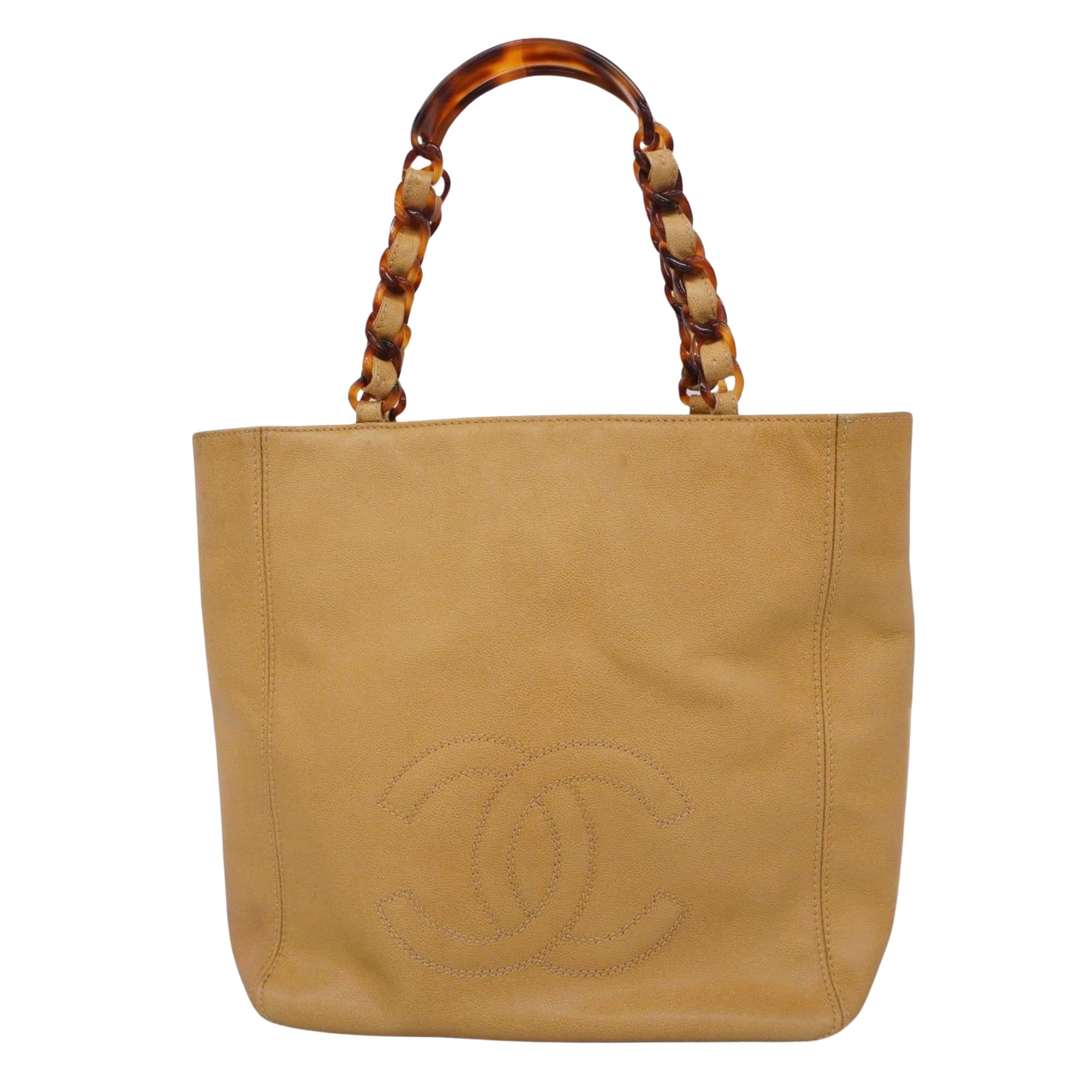 Chanel Logo CC Beige Leather Tote Bag