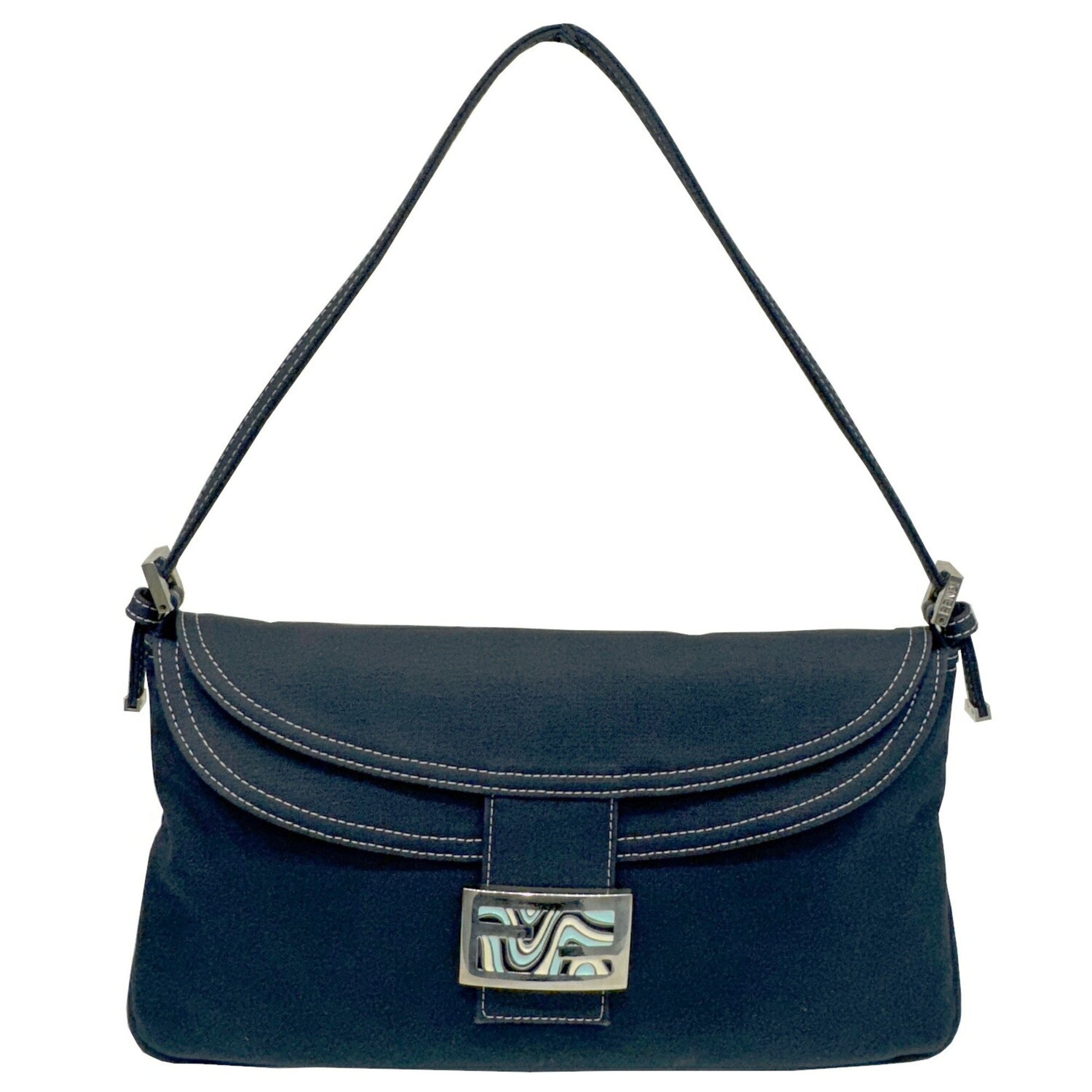 Fendi Mamma Baguette Blue Cotton Shoulder Bag