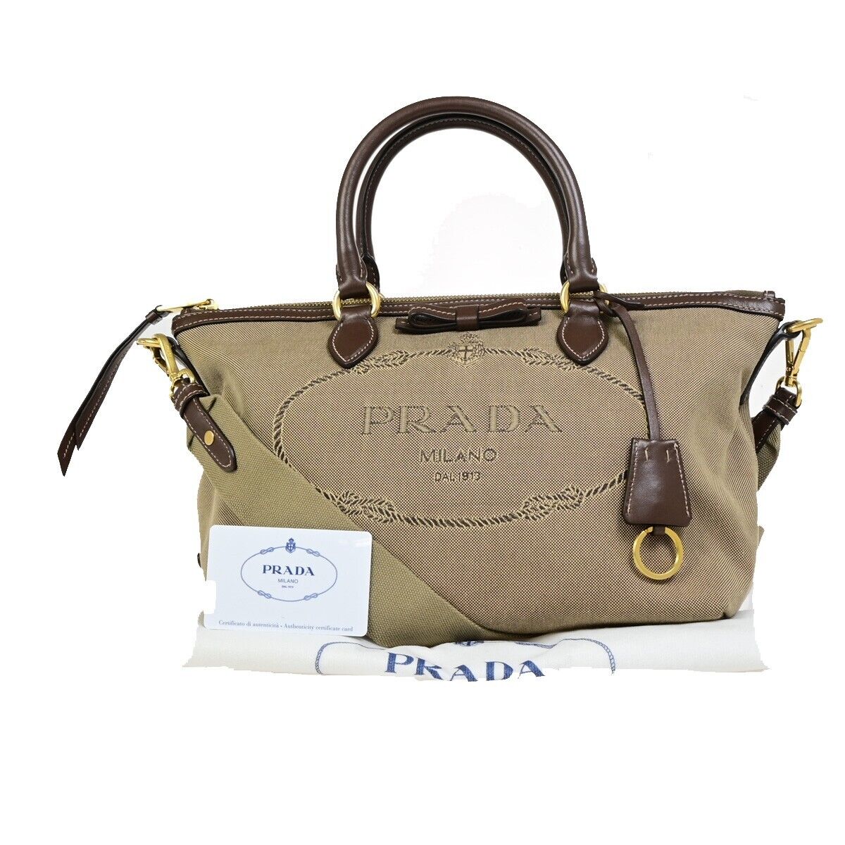 Prada Logo Jacquard Brown Canvas Handbag 