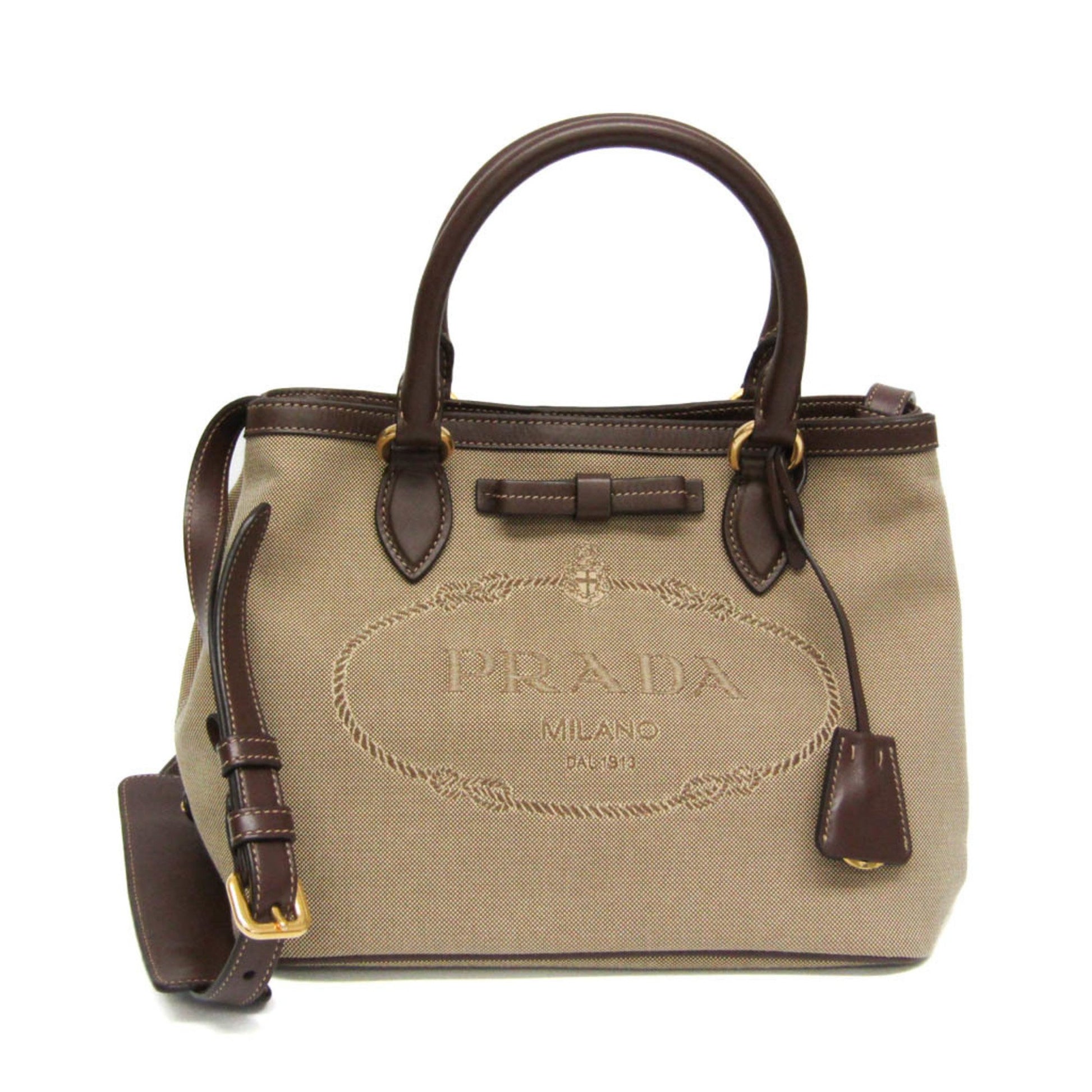 Prada Logo Jacquard Beige Canvas Handbag 