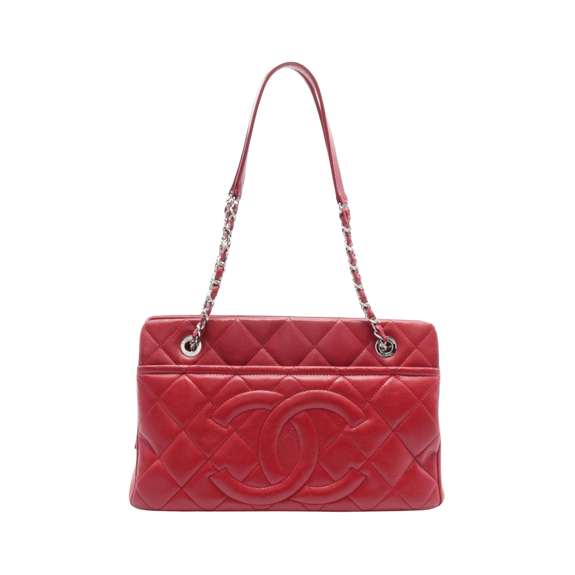 Chanel Logo CC Red Leather Tote Bag