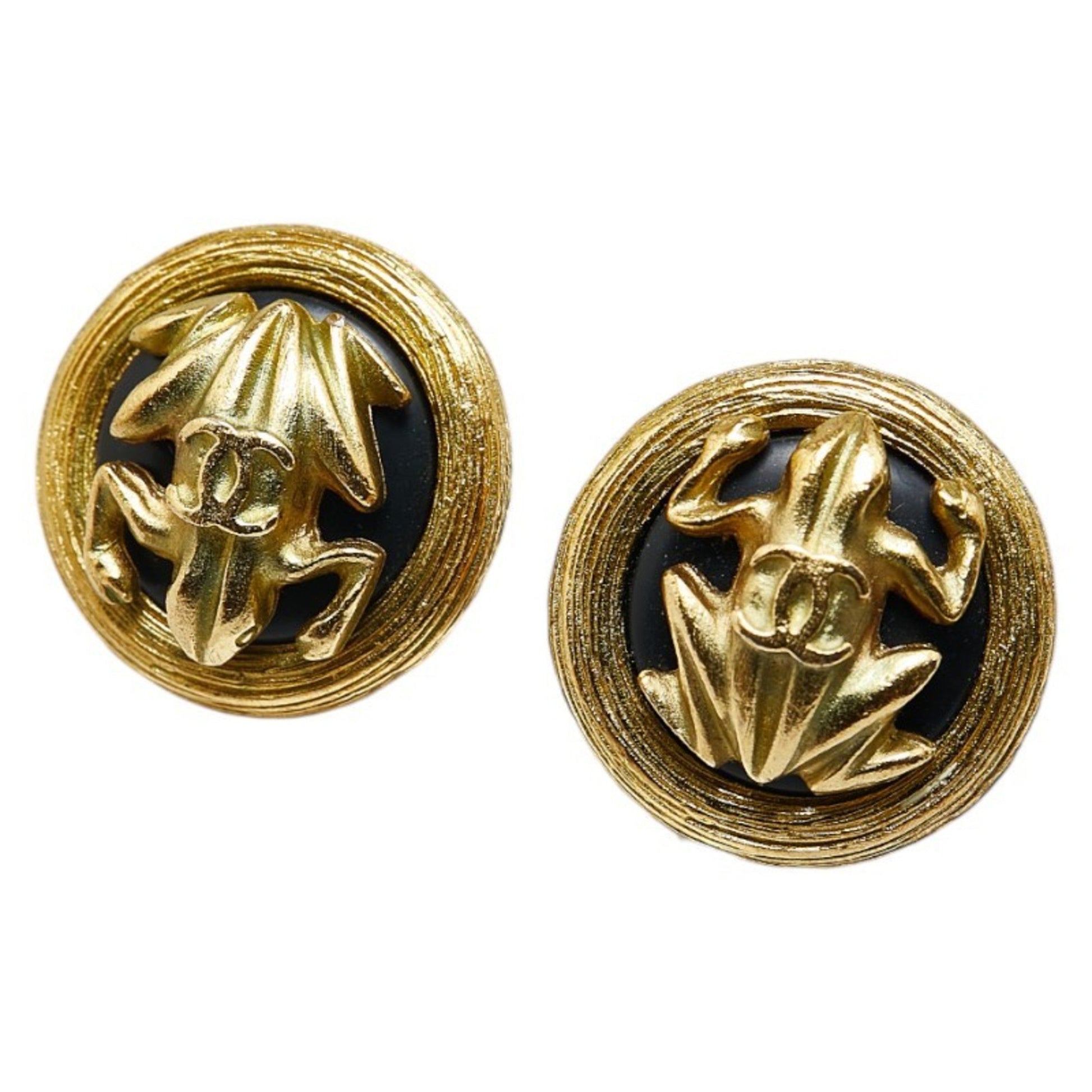 Chanel Coco Mark Black Gold Plated Earring 