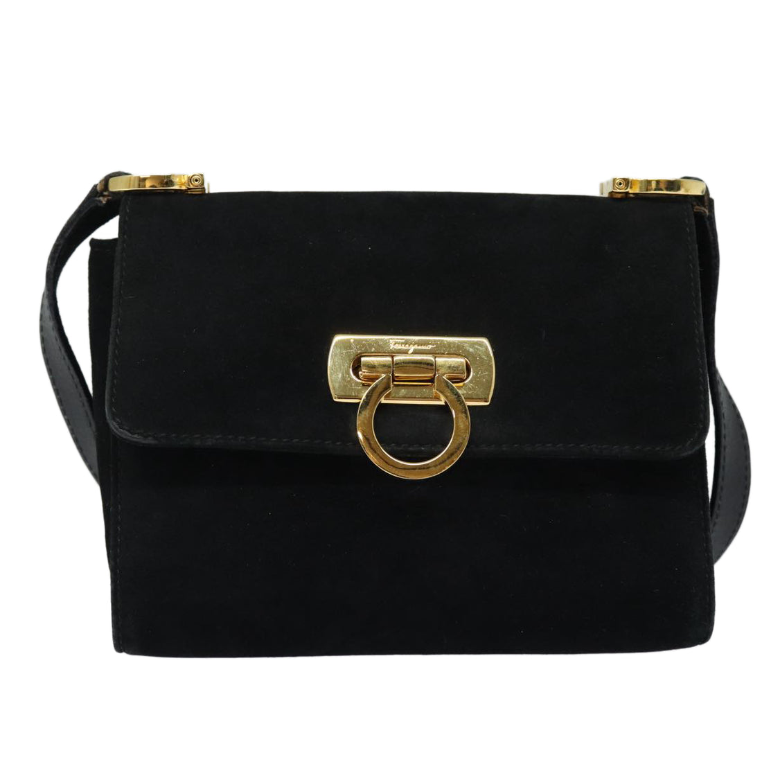 Salvatore Ferragamo Gancini Black Suede Shoulder Bag