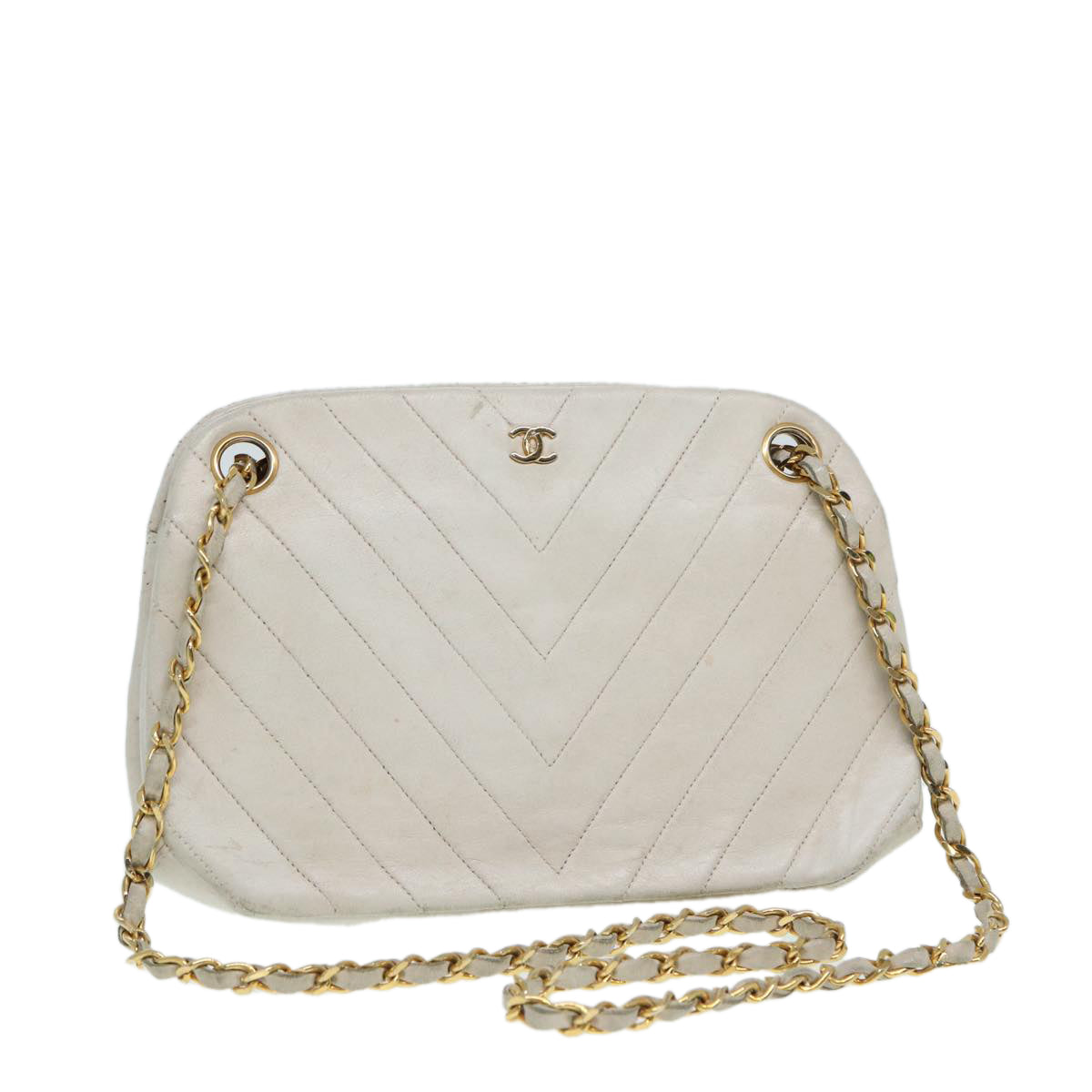 Chanel V-Stich White Leather Shoulder Bag