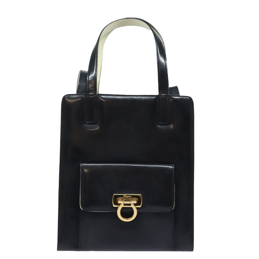 Salvatore Ferragamo Gancini Black Patent Leather Handbag 