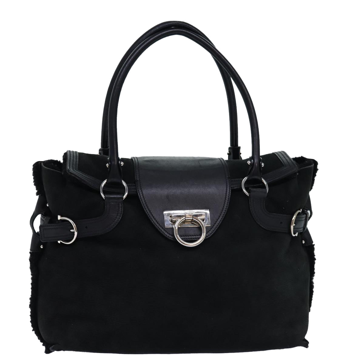 Salvatore Ferragamo Gancini Black Suede Handbag 