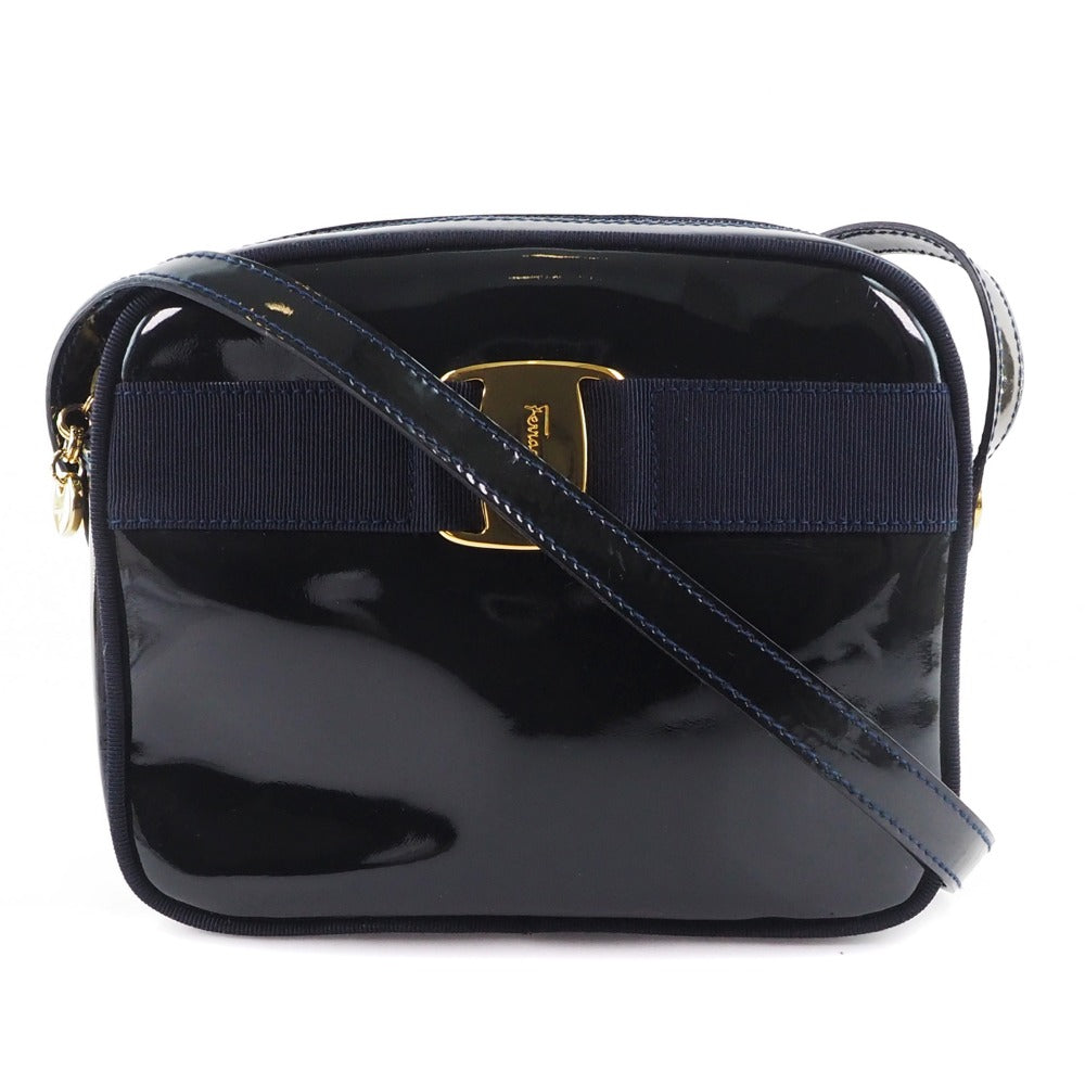 Salvatore Ferragamo Vala Black Patent Leather Shoulder Bag