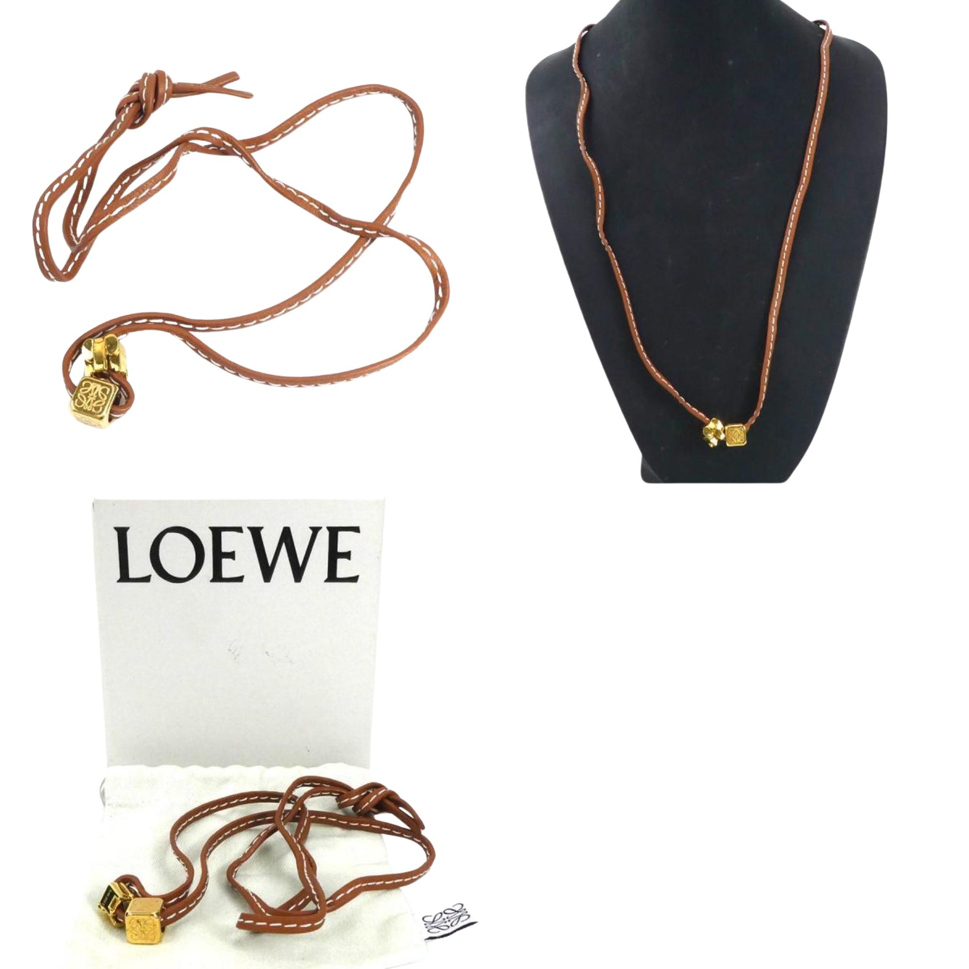 Loewe Anagram Pendant Brown Leather Necklace 