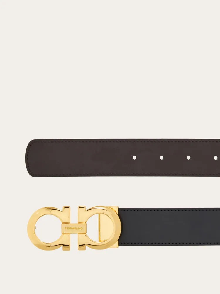 Ferragamo Black/Hickory Reversible and adjustable Gancini belt