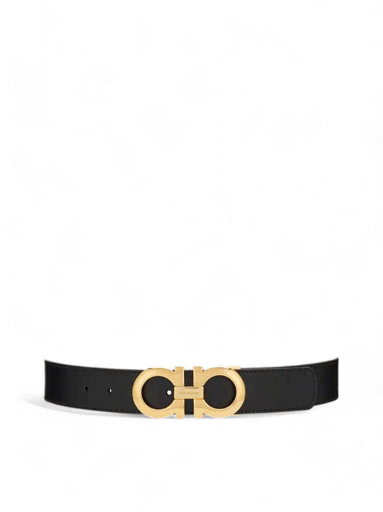 Ferragamo Black/Hickory Reversible and adjustable Gancini belt